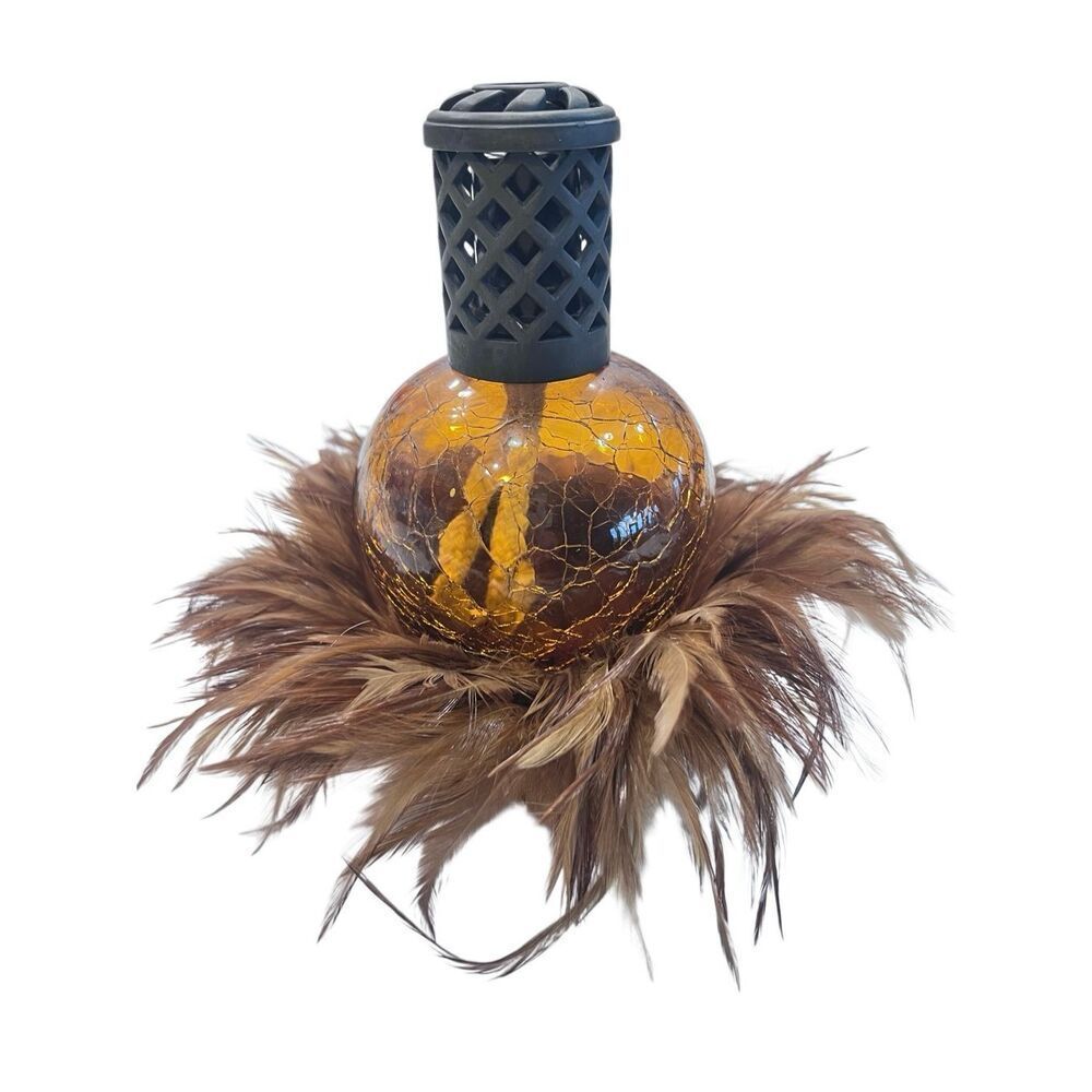 La Tee Da Crackle Glass Oil Fragrance Effusion Lamp W/ Feather Stand Amber OS